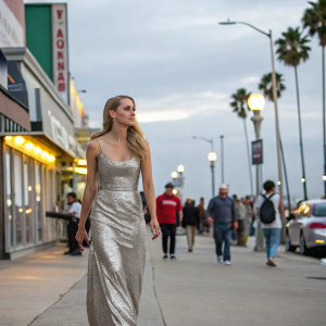 Teresa Palmer, donning a shimmering silver gown, graces the bustling streets of Los Angeles. Casual urban backdrop