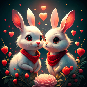 couple of white bunnies, celebrating Valentine's Day, black background