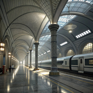 Concept art of a train station from Ghost Recon: Future Soldier. High-tech look with vaulted gray ceilings and a sleek train on the right.