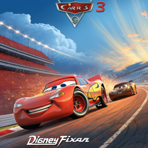 Promotional poster for 'Cars 3', featuring lightning mcqueen and a fleet of racing cars. Vibrant palette of blue skies and fiery red race tracks. Disney Pixar logo in bottom corner