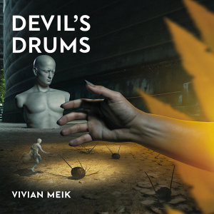 Book cover for 'Devil's Drums' by Vivian Meik, a surrealistic artwork. A sketch-like hand centrally placed, dynamic and gesturing. Organic, abstract shapes surround a pale, statue-like figure and tiny, alien-like beings. Inspired by fantasy and surrealism art movements.