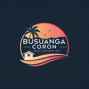 Real estate logo for Busuanga Coron Real Estate Inc. Features company name and focus on properties in Busuanga and Coron, Palawan, Philippines. Modern design with text and wave-like shape in sunset colors.