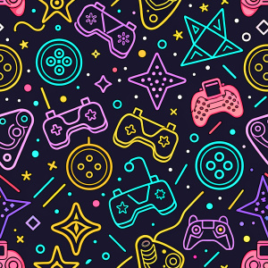 Gaming Fun colorful line doodle shape seamless pattern. Creative minimalist style art background for children or trendy design with basic shapes. Simple childish scribble backdrop.