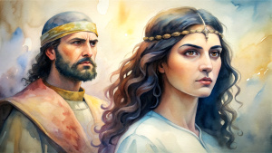 In the Bible, in ancient times, a middle-aged man with dark hair, King Ahab, and his wife Jezebel