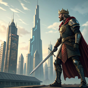 King Arthur Pendragon, in medieval armor, standing before a futuristic cityscape. Illustration style, vibrant colors, no background logos.