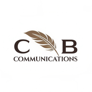 Logo for C B Communications. Sleek, modern design featuring an abstract feather icon above the company name 'Communications'. Utilizes minimalist fonts and a palette of neutral tones, primarily dark brown.