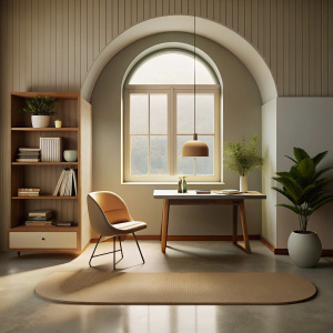 A minimalist's old-fashioned study room, clam mood, classic designed
