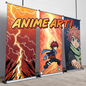 Multiple banners with anime art. Dynamic poses of characters. Bold, graffiti-style text. Electric and fiery colors. Suggestive of action scenes. Displayed prominently.