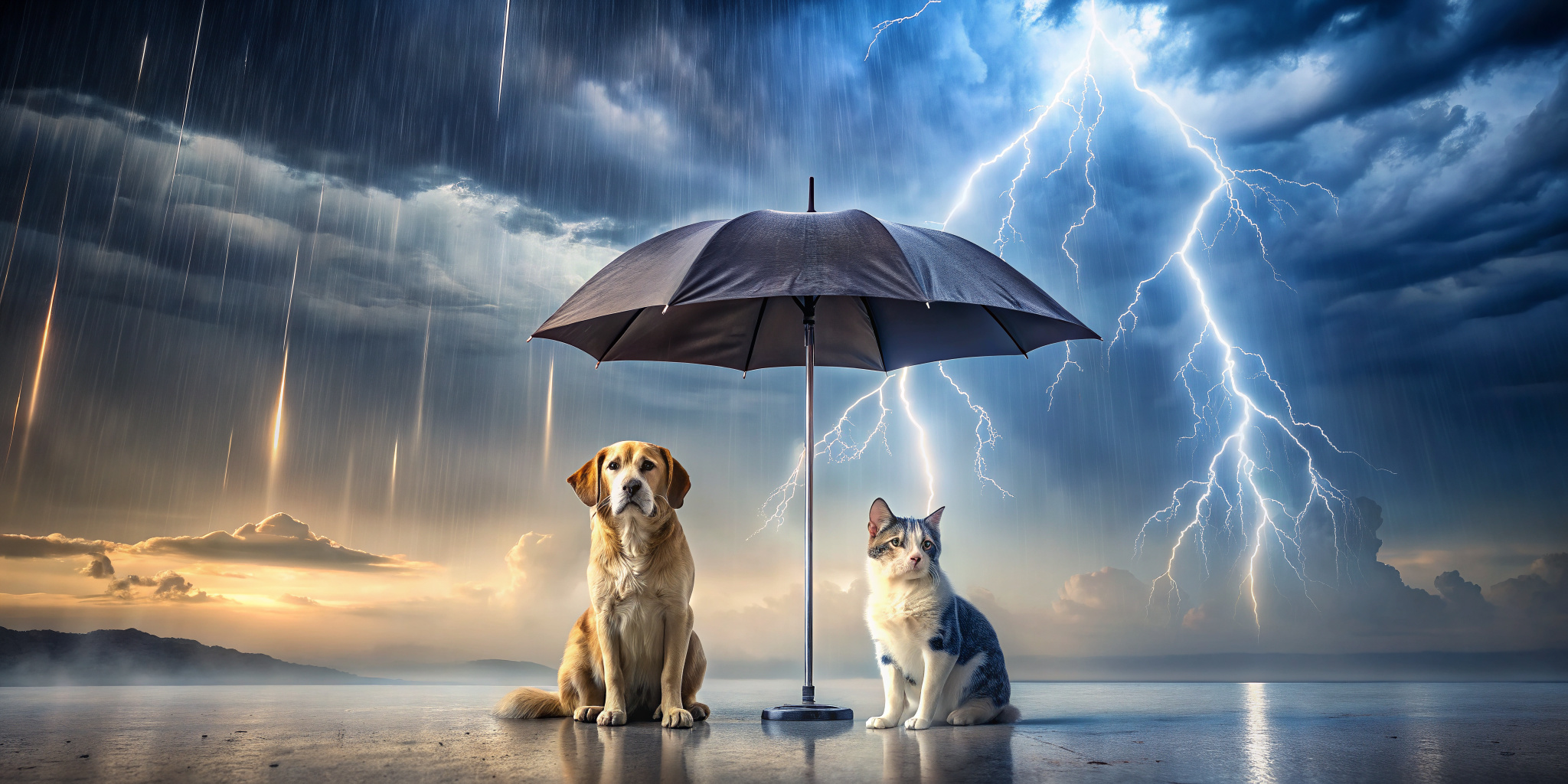 cloud thunderstorm, downpour, a cat and a dog are sitting under an umbrella