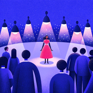 Cher Lloyd in a vibrant red dress at the Grammy Awards. Crowded hall with spotlights