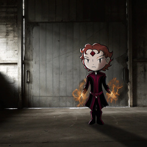 Jean Grey, chibi style, fiery aura. Dark outfit with crimson accents. Flames swirling around her. Simple white background.