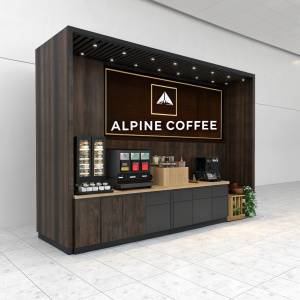A high-tech coffee vending station for Alpine Coffee. Sleek dark wood finish, minimalist design. Large, eye-catching display sign featuring Alpine Coffee logo. Modern coffee preparation and presentation elements visible.