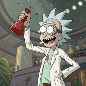 Digital illustration of Rick Sanchez, iconic character from *Rick and Morty*, clutching a rusty red flask.