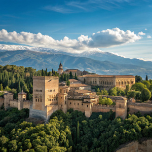 Aerial view of La Alhambra. Majestic palace complex with intricate architecture. Surrounded by lush greenery. Bright blue sky backdrop.