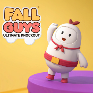 A character from Fall Guys Ultimate Knockout. A plump, friendly cartoon figure. White body with red belt. On a purple platform. Vibrant yellow background. Fall Guys Ultimate Knockout logo at the top