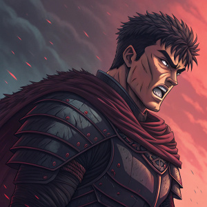 Digital illustration featuring Guts from Berserk. Intense stare, sharp teeth, red and dark background