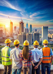 Quiero una portada para una revista de ingenieria civil, en la que aparezcan ingenieros civil (hombres y mujeres) todos que esten observando una ciudad como simbolo de la reponsabilidad y futuro de esta ingenieria. La portada NO debe tener titulo, ni letras solo quiero la imagen que represente este grupo y capte la atencion