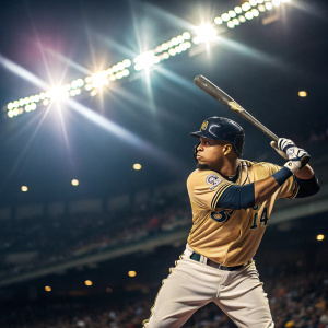 Carlos Gomez, intense gaze, batting stance. Bright stadium lights, audience blurry in background.