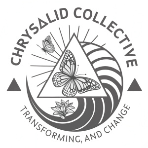 Abstract logo for Chrysalid Collective. Bold, monochromatic design featuring transformation theme.