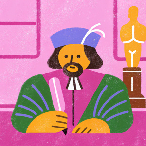 office worker stylized as a medieval scribe holding  oscar statuette, add magenta color