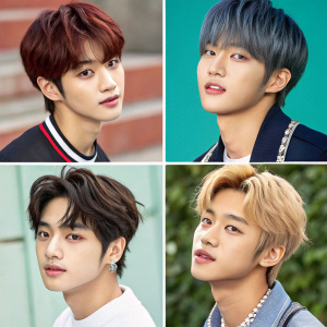 Photo montage featuring members of the South Korean boy band Stray Kids. Each member's individual portrait captures their distinct expressions and youthful energy. The images are close-ups, highlighting their east Asian features.