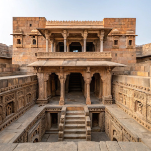 Ancient Chand Baori stepwell in Abhaneri, Rajasthan, India. Stone architecture with intricate carvings and alcoves. Earthy color palette, brown and beige tones. Natural lighting with soft shadows. Entrance view, close-up details of carved stone elements.