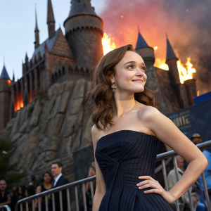 Olivia Cooke, fair-skinned actress, in a formal navy blue dress. Softly smiling at the Warner Bros Studio tour. The backdrop features a bright, fiery Dragonstone castle scene from Game of Thrones.