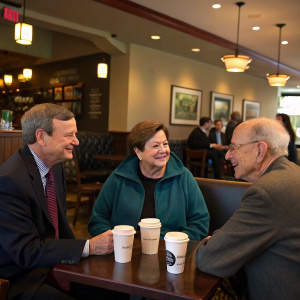 John Roberts, Elena Kagan, and Stephen Breyer in a casual meet-up at a coffee shop.