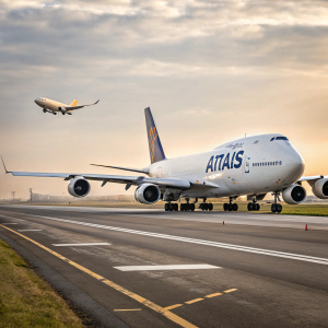 A colossal Atlas Air plane, with pristine white exterior and company logo, stands ready on the runway. Another plane emerges from the ground, rising into the sky. The meticulously maintained runway stretches out behind, showcasing the marvels of aviation.