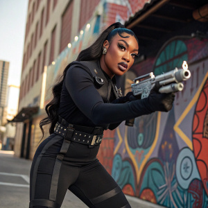 Megan Thee Stallion, as Death the Kid, in a high-energy pose. Wearing a dark, sleek outfit with a futuristic weapon. The background is a vibrant street art scene with colorful abstract designs. The focus is on Megan Thee Stallion's intense expression.