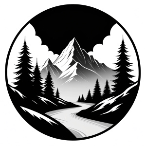 Mountain river and forest landscape scene, silhoutte logo, clean simple lines, black and white