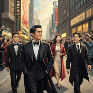 Jet Li, Shengyi Huang, Charlene Choi, and Siu-Tung Ching, dressed in formal wear, walking down a bustling city street, amidst a crowd of fans and paparazzi.