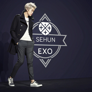 Illustration of EXO's Sehun, white logo on dark background