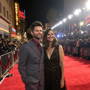 Adam Scott and Naomi Scott at a Hollywood premiere. Bright lights, red carpet, crowd visible in background.