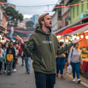 Felix Kjellberg, also known as PewDiePie, standing alone in a bustling, vibrant street market. He sports a casual, olive green hoodie with a 'FREEDOM' logo. His hands are animated, as if he's energetically discussing something with a passerby. A diverse crowd of people in the background, creating a lively atmosphere.