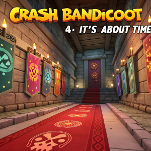 3D game scene from 'Crash Bandicoot 4: It's About Time'. Colorful posters with vibrant symbols adorn stone-like walls. Red runner with skull-like patterns stands out. Vibrant hues fill the environment. Game title 'Crash Bandicoot 4: It's About Time' displayed prominently at the top.