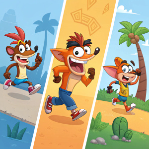 A series of animated loading screens featuring Crash Bandicoot characters from 'Crash on the Run!' in various playful poses.