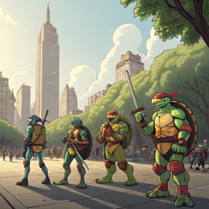 Four colorful superheroes, Teenage Mutant Ninja Turtles, standing in a crowded city park. Leonardo, Michelangelo, Donatello, and Raphael, each with unique weapons and poses. Bright and sunny day with people in background.