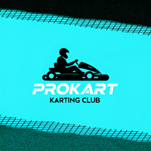 A sleek black and white logo design for Prokart Karting Club featuring a vector silhouette of a karting driver in racing posture. The background is minimalistic, with the club's name and event dates in elegant text.