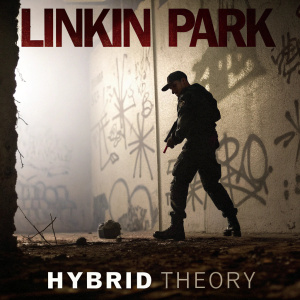 Linkin Park's 'Hybrid Theory' album cover. Soldier silhouette with a dark, moody background filled with abstract shapes, grunge textures, and graffiti-style text. Dominated by earthy tones of brown and gray.