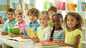 Multicultural group of kids sit at tables with books and study at primary school. Education, knowledge, development or studying