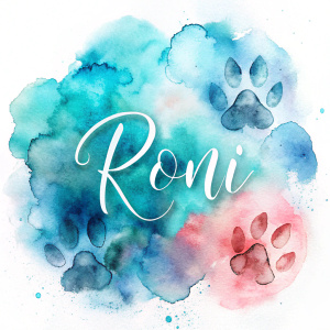 simple logo that says "Roni" in cursive font with a dog paw prints in the background