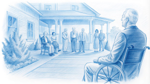 Joe Biden in a wheelchair on the front porch of a nursing home.  There are many other very old people around him, also sitting in their wheelchairs.
