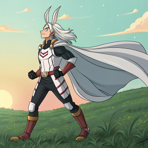 Digital illustration of Mirko from My Hero Academia. Wearing a hero costume with a dynamic, flowing pose. Background is a soft green field with a sunset. Vibrant colors, including white, gray, black, and brown, with stylized lines and a distinct anime-inspired aesthetic.