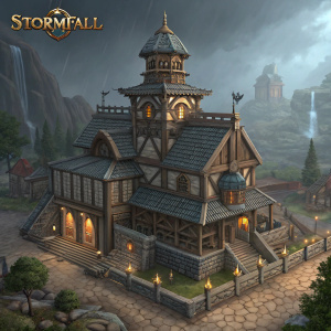 A digital illustration showcasing intricate structures from the game Stormfall: Rise of Balur by Plarium. Detailed warehouse with fantasy elements, 3D rendering