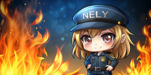 crea una imagen de mujer policia chibi con el nombre de nely en llamas