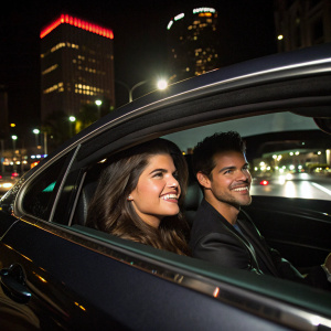 Taylor Lautner and Marie Avgeropoulos inside a sleek, modern car. Nighttime cityscape outside the window. Both smiling and looking happy.