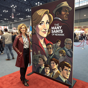 Edie Falco at the New York Comic Con. Standing next to a huge poster for 'The Many Saints of Newark'. The poster features various actors and the movie title. The background is a bustling convention floor with fans.