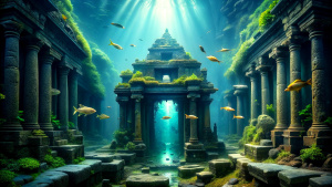 an underwater realm filled with luminescent aquatic life and forgotten ruins waiting to be explored by a lone adventure