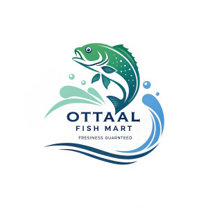 OTTAAL FISH MART's logo features an abstract depiction of a fish in vibrant green and cool blue hues. The name is displayed in a sleek, modern font alongside a tagline highlighting freshness.